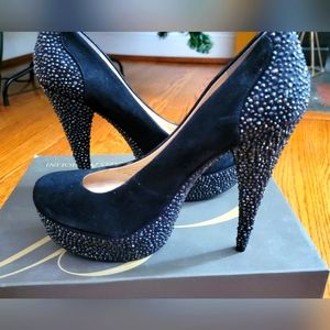 Enzo Angiolini Eabeccalynn Women Black Suede Rhinestone Platform Heel
